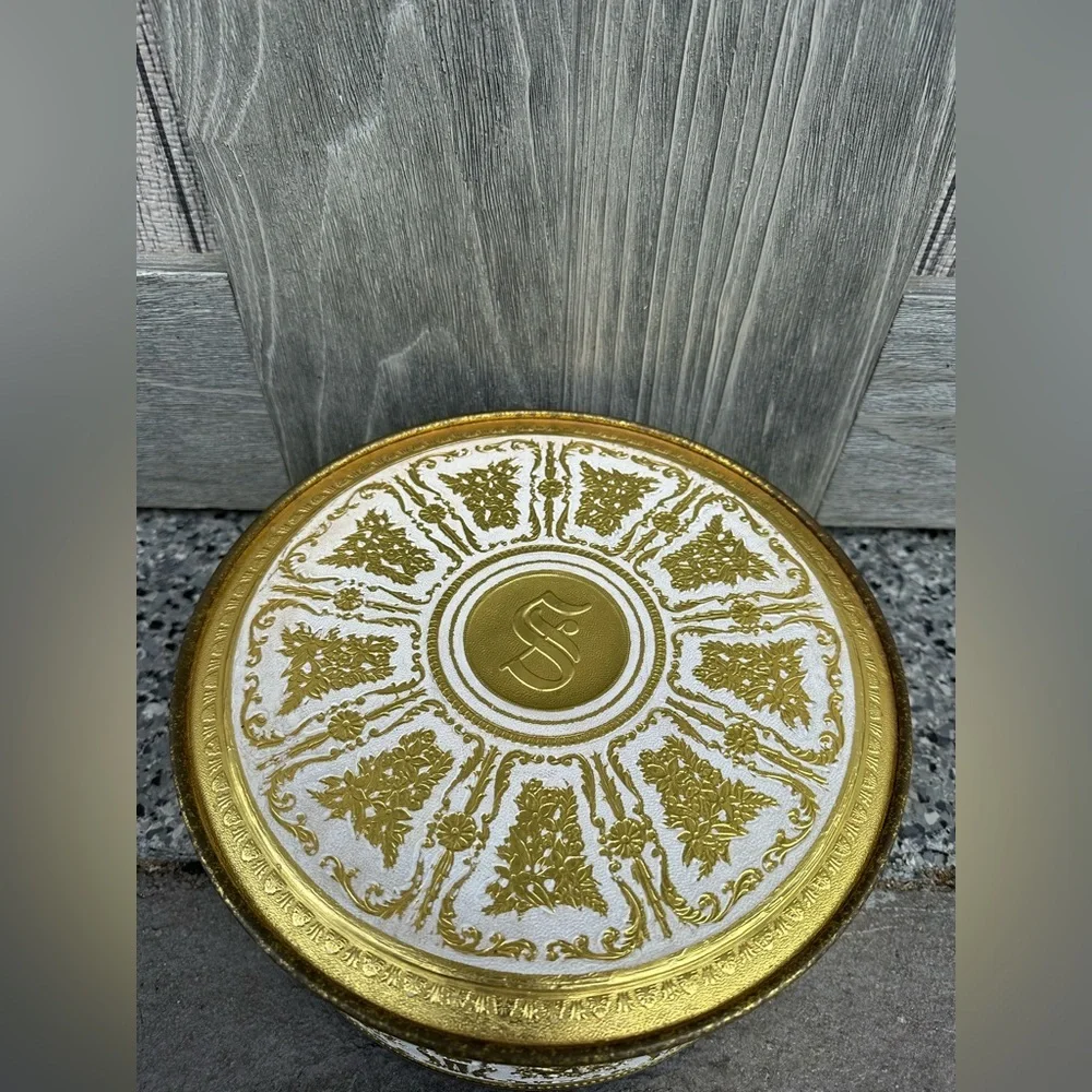 Vintage Guildcraft Gold White Large Round Tin Container USA Sewing Box Embossed